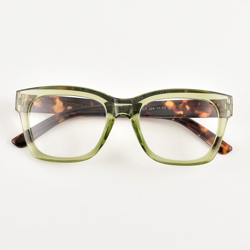 Square reading glasses for women in crystal green with tortoise temples front view.