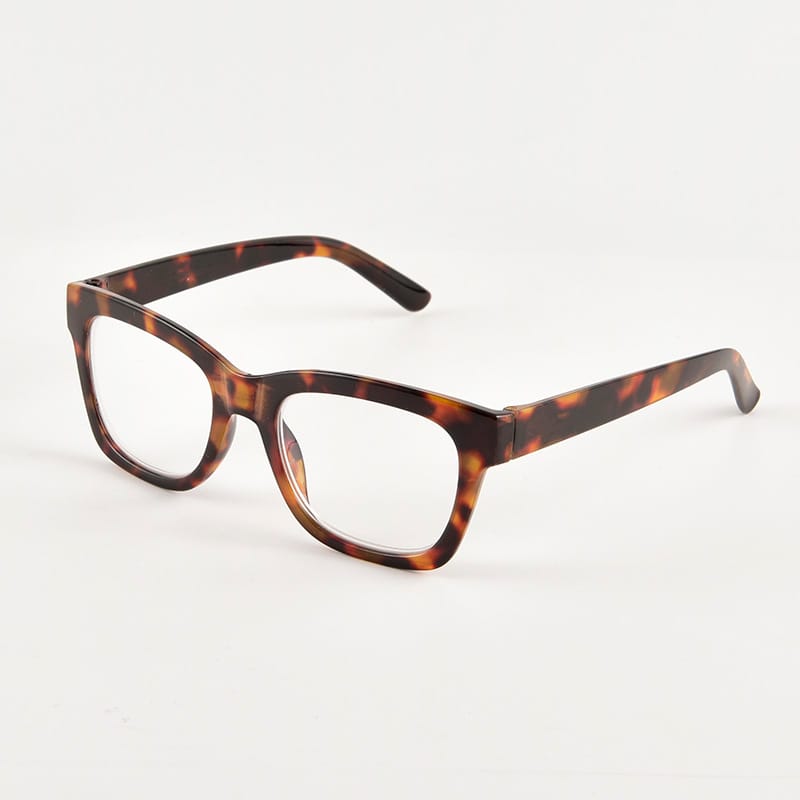 Oversized tortoise reading glasses for women full-rim square frame, angled view.