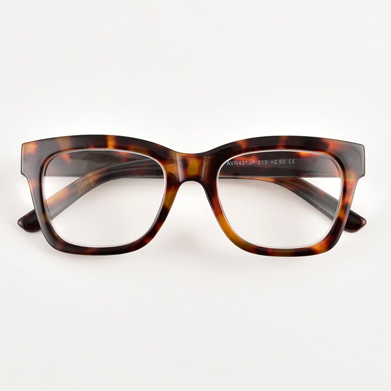 Oversized square reading glasses for women classic tortoise full-rim frame, front view.