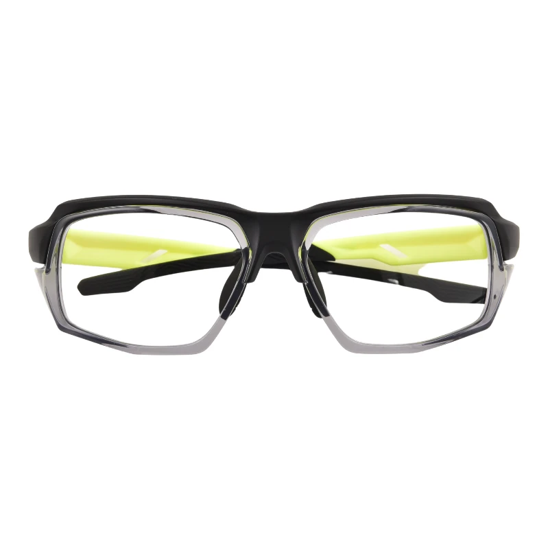 front view of a black frame with green temple pickleball safety glasses for women.